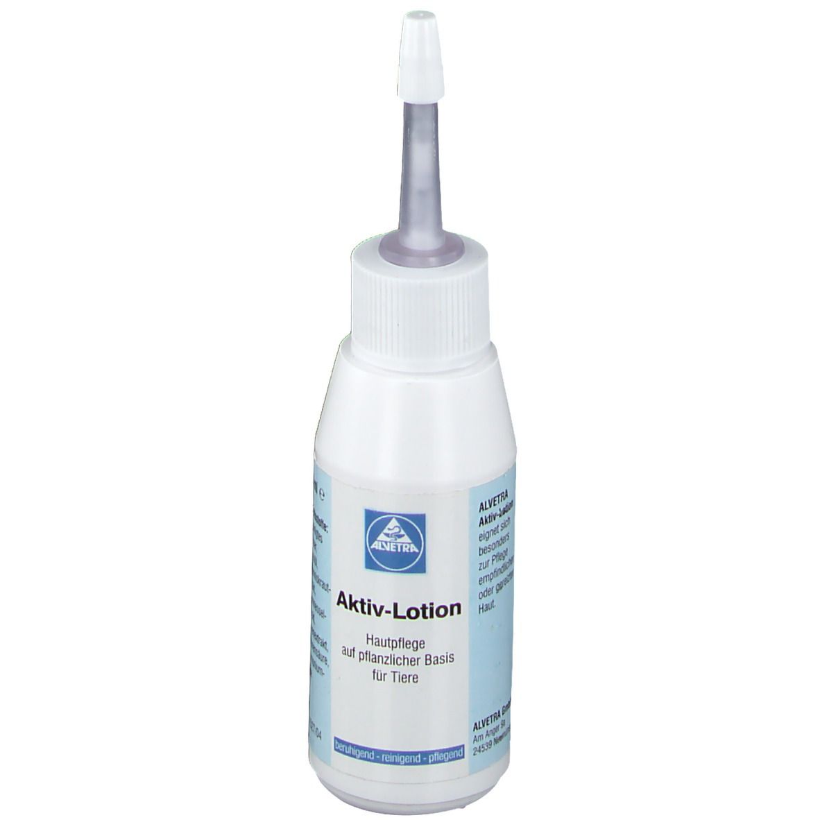 Flacon blanc avec applicateur. Inscription : Aktiv-Lotion für Tiere. Logo. Soin de la peau à base de plantes.