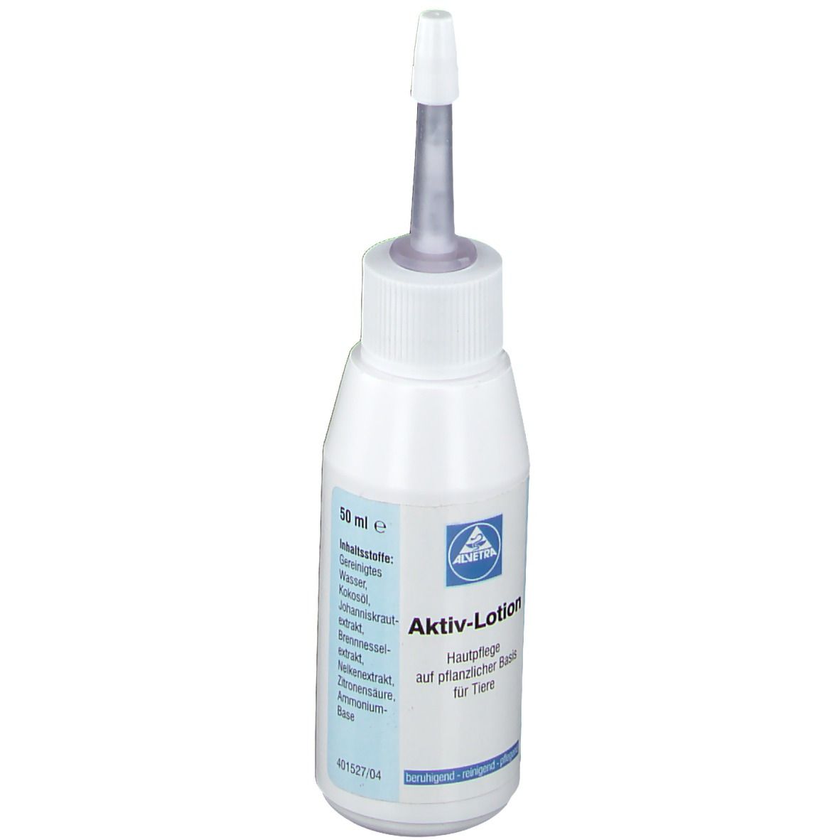 Flacon blanc avec applicateur. Inscription : Aktiv-Lotion für Tiere. 50 ml. Ingrédients.
