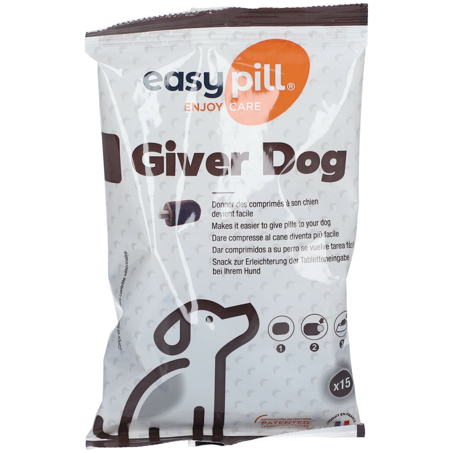 Sachet EASYPILL Medium "Giver Dog". Contient 15 pièces. Logo chien. Texte multilingue.