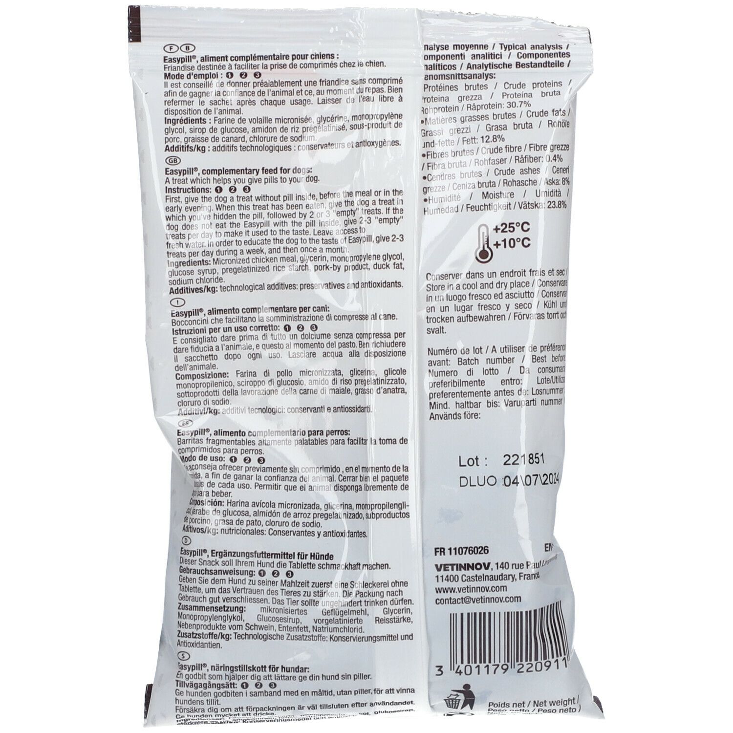 Dos du sachet EASYPILL Medium. Texte multilingue. Informations nutritionnelles. Informations fabricant.