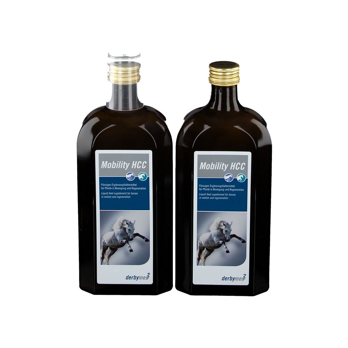 Zwei braune Flaschen mit goldfarbenen Verschlüssen. Etikett mit Produktname Mobility HCC und Pferd-Illustration.