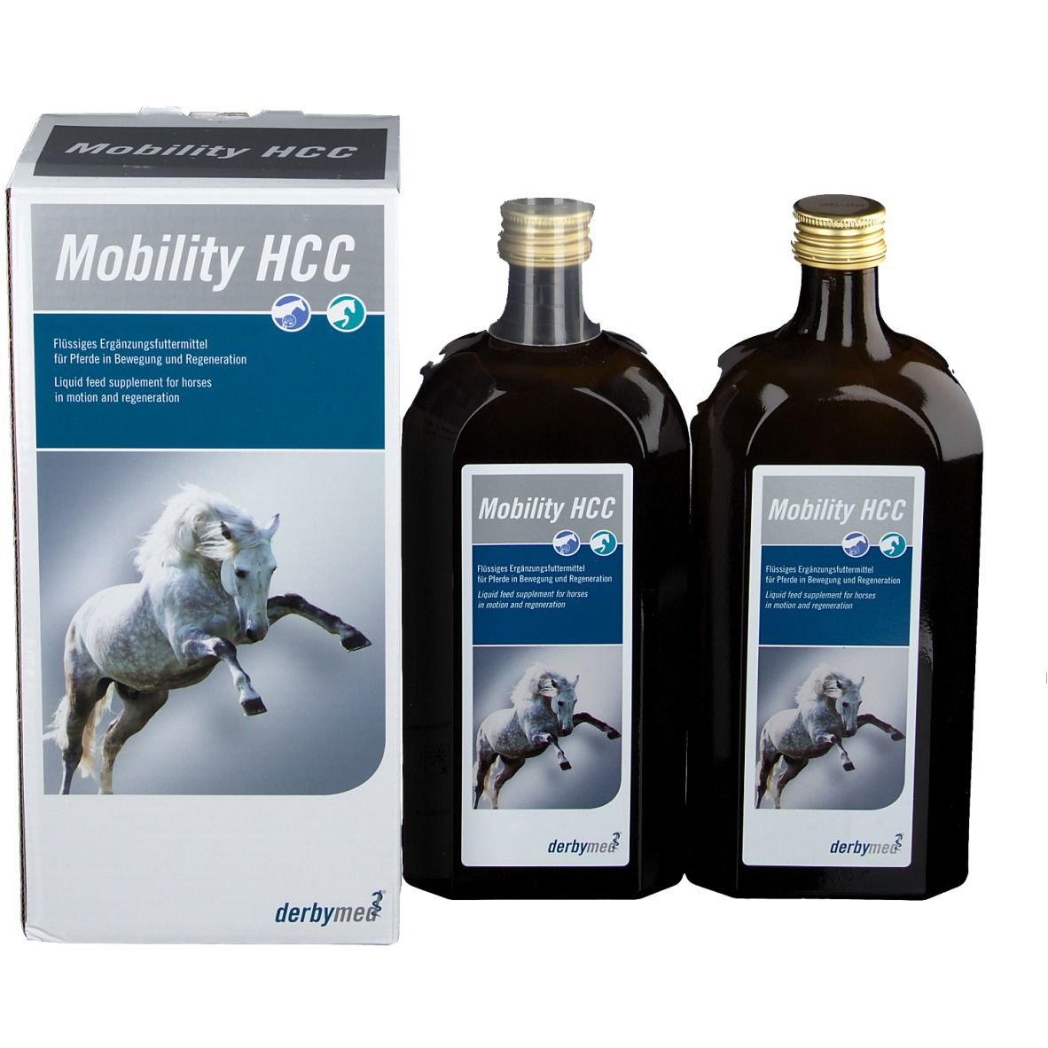 Zwei Flaschen und eine Verpackung. Produktname Mobility HCC und Pferd-Illustration auf Etiketten und Box.