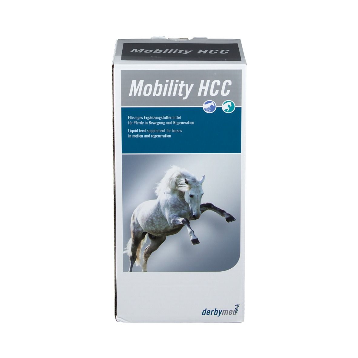 Weiße Verpackung mit Produktname Mobility HCC und Pferd-Illustration. Text in Deutsch.