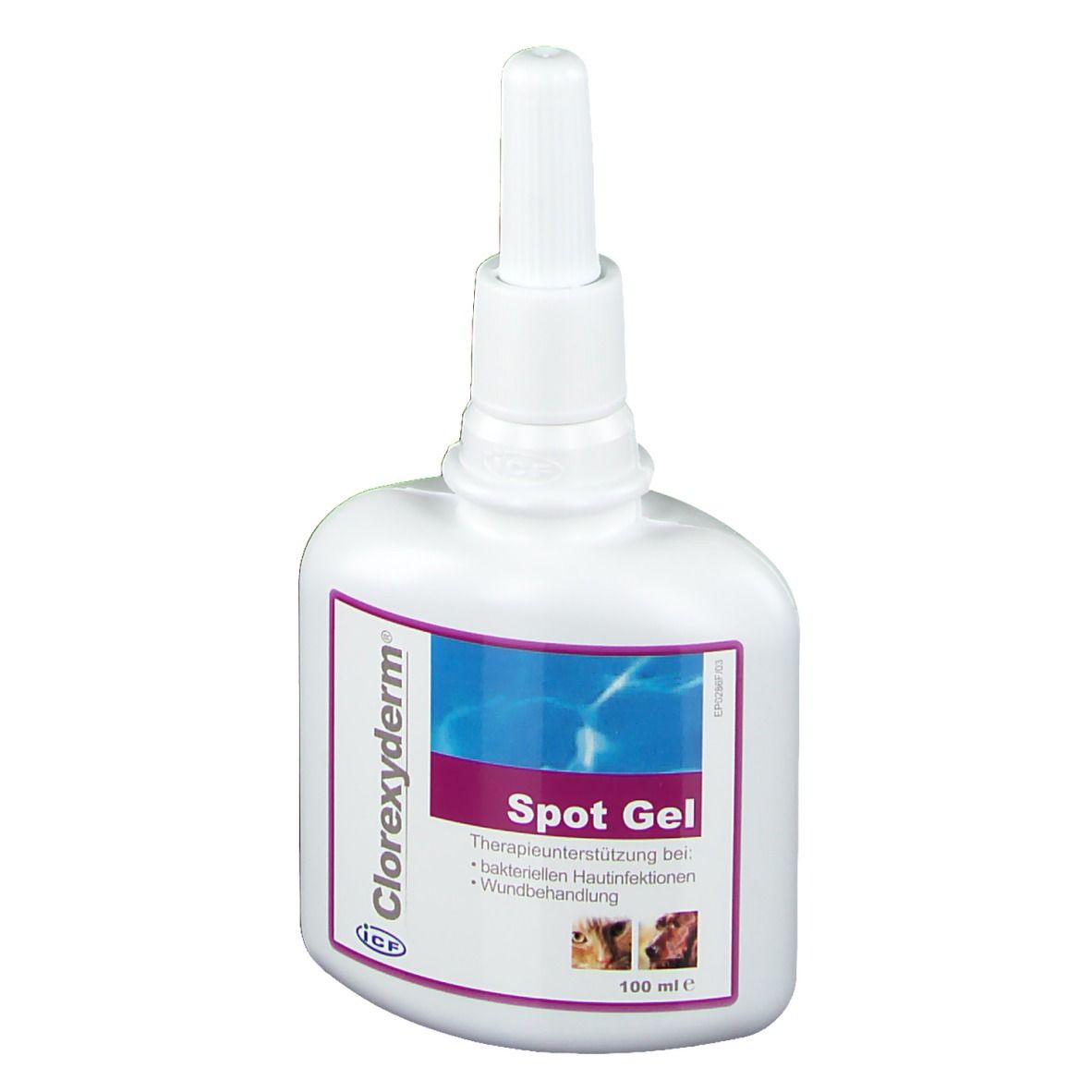 Flacon blanc avec étiquette Spot Gel. Contient du texte et des images d'animaux. Avec embout doseur.