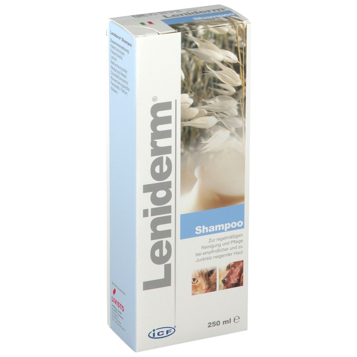 Boîte de shampooing Leniderm. Blanc, bleu et beige. Texte: Shampooing, 250 ml. Images d'animaux.