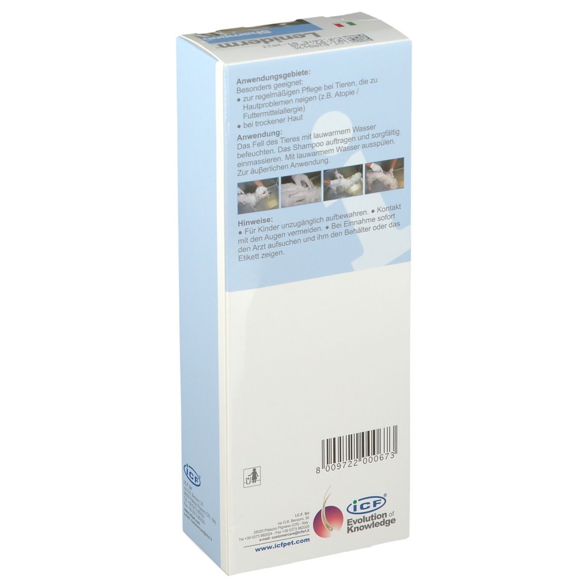 Dos de la boîte de shampooing Leniderm. Texte en allemand. Contient les instructions et les ingrédients. Logo.