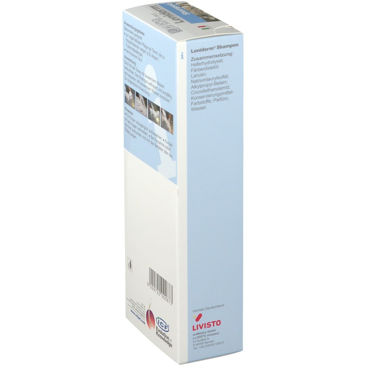 Côté de la boîte de shampooing Leniderm. Texte en allemand. Contient les ingrédients. Logo.