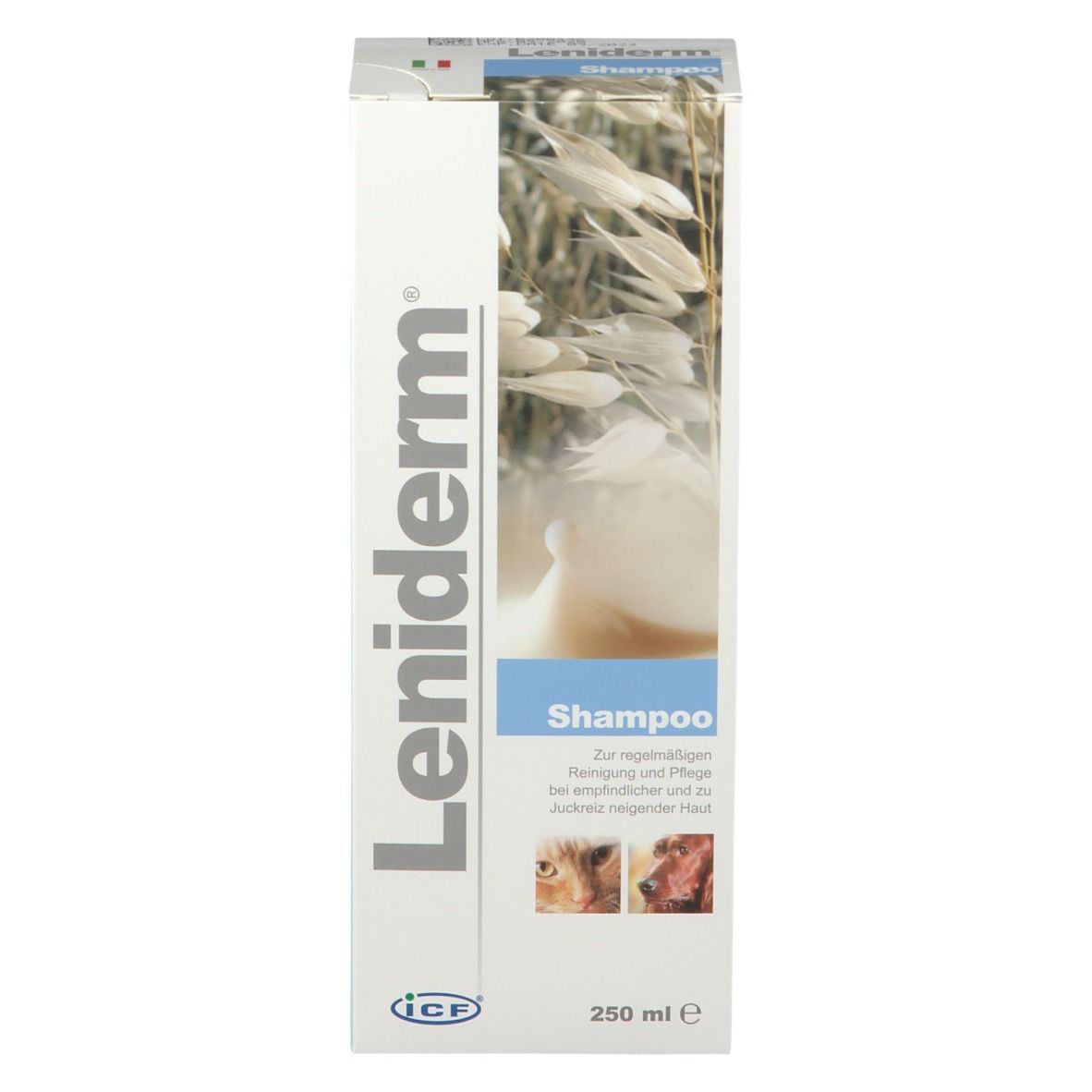 Boîte de shampooing Leniderm. Blanc, bleu et beige. Texte: Shampooing, 250 ml. Images d'animaux.