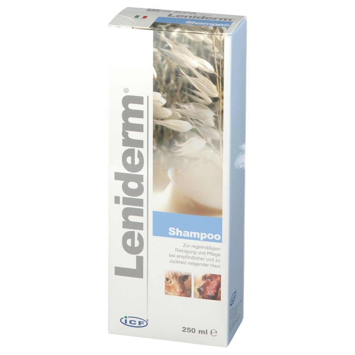 Boîte de shampooing Leniderm. Blanc, bleu et beige. Texte: Shampooing, 250 ml. Images d'animaux.