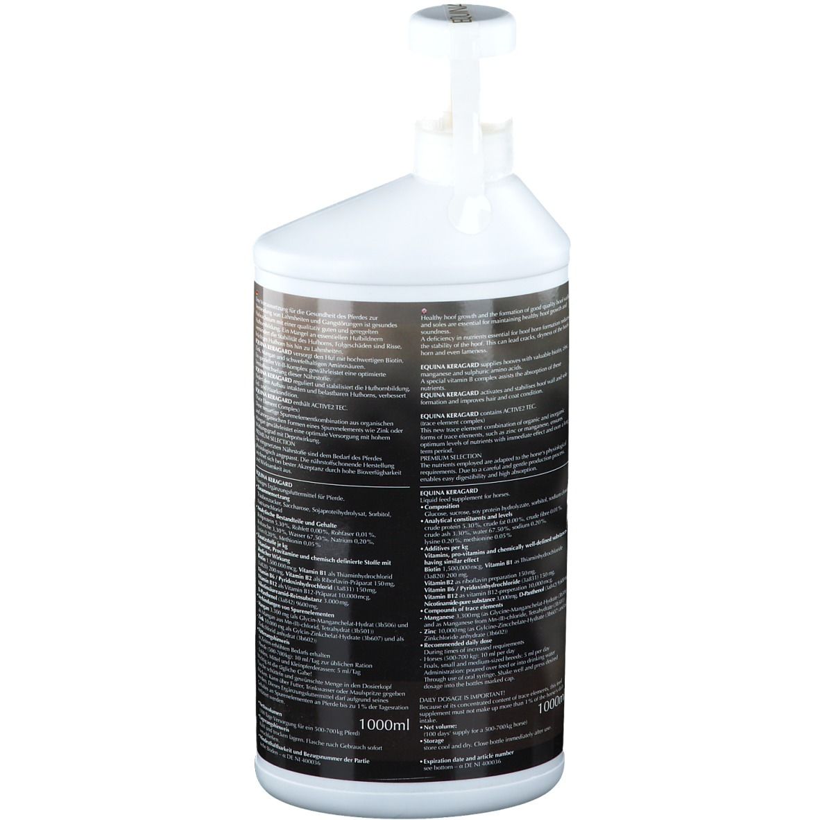 Dos d'un flacon blanc avec pompe doseuse. Contient du texte en plusieurs langues. Inscription 1000ml.