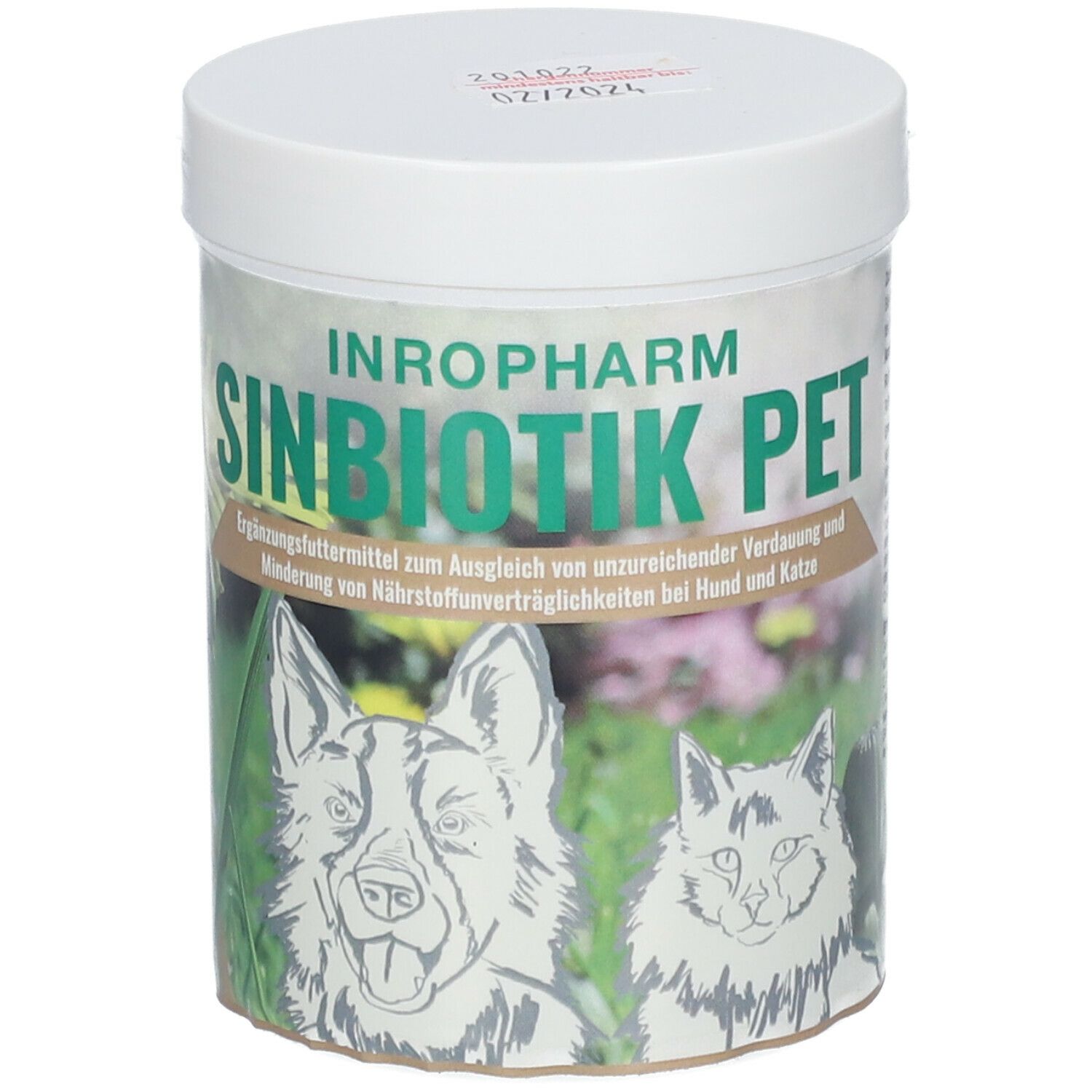 Weißes Behältnis mit dem Aufdruck SINBIOTIK PET. Abbildung eines Hundes und einer Katze. Text in deutscher Sprache.