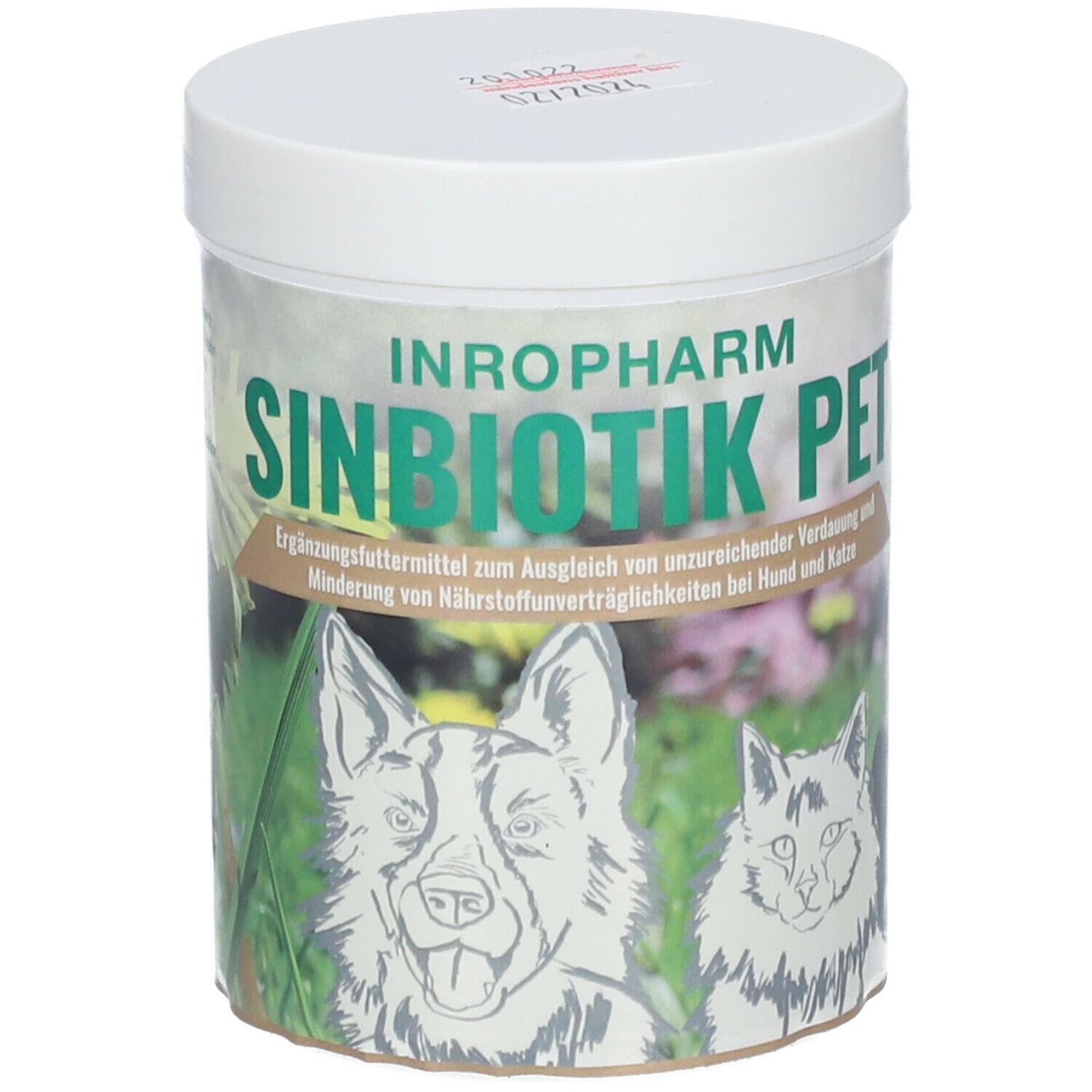 Weißes Behältnis mit dem Aufdruck SINBIOTIK PET. Abbildung eines Hundes und einer Katze. Text in deutscher Sprache.