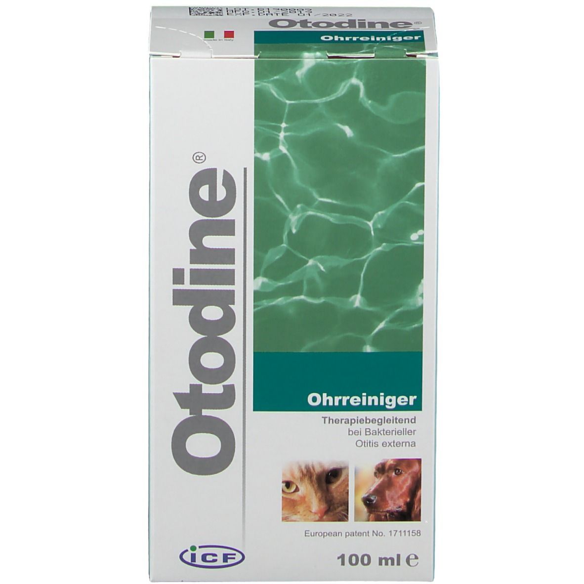 Boîte Otodine®. Vue de face du carton blanc avec nom et informations sur le produit.