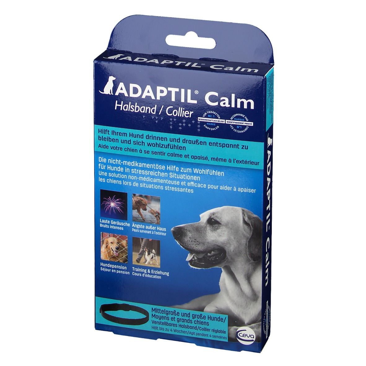 Emballage du collier ADAPTIL®. Boîte bleue avec nom du produit et chien. Contient un collier noir.