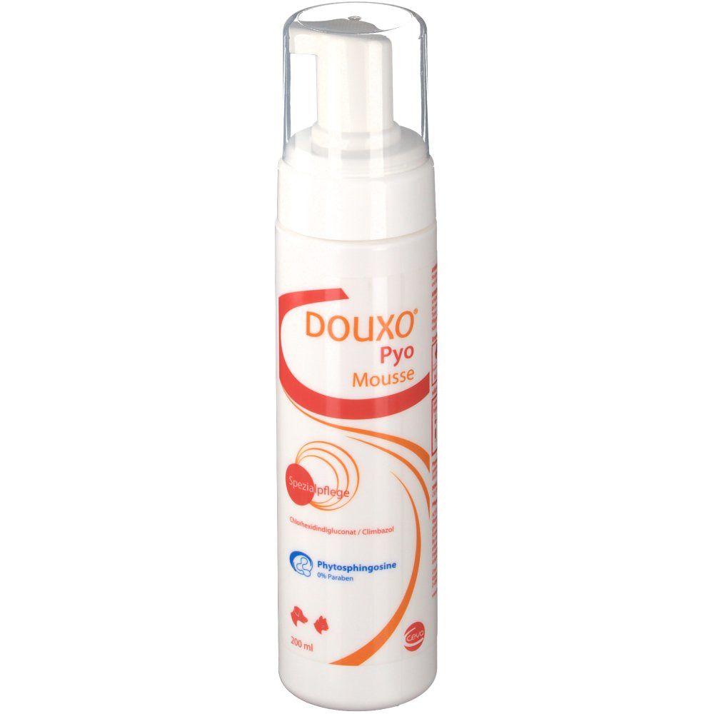 Weiße Flasche mit Pumpverschluss. Roter Aufdruck: DOUXO Pyo Mousse. Orangefarbene und blaue Designelemente. Klare Kappe.