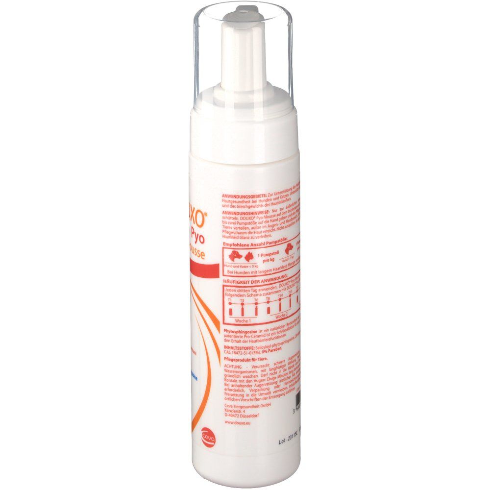 Rückseite der weißen Flasche. Text in roter Schrift. Klare Kappe. Informationen zur Anwendung und Inhaltsstoffen.