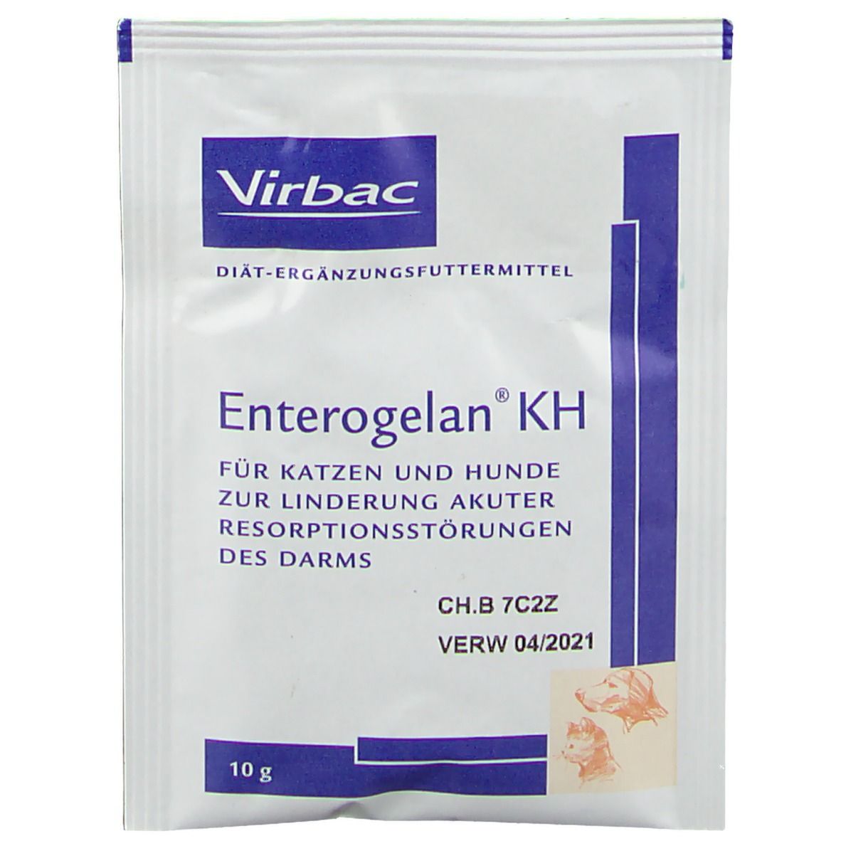 Sachet blanc avec logo Virbac. Texte Enterogelan® KH pour chats et chiens. Inscription 10 g en bas.
