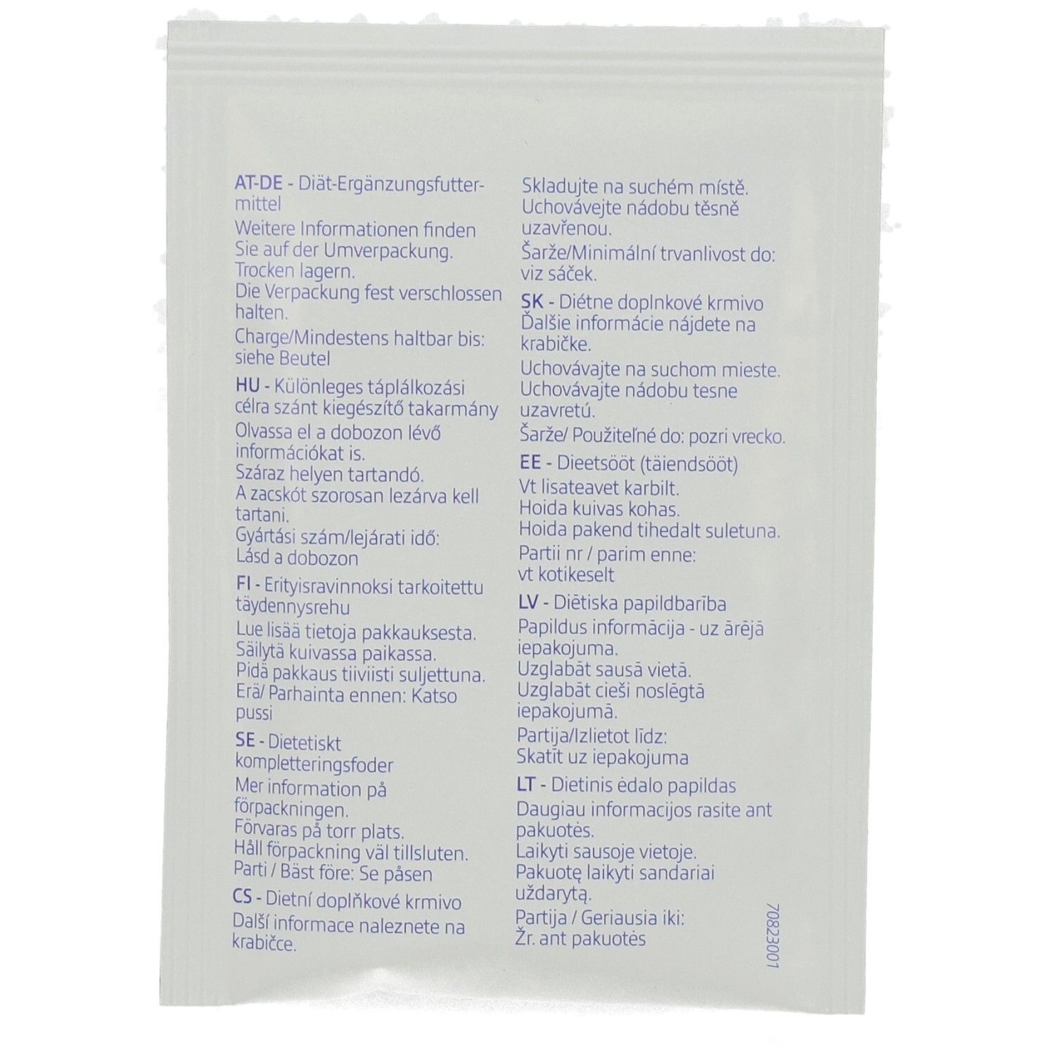 Dos du sachet. Texte avec ingrédients, conseils d'alimentation et informations fabricant. Poids net : 10 g.