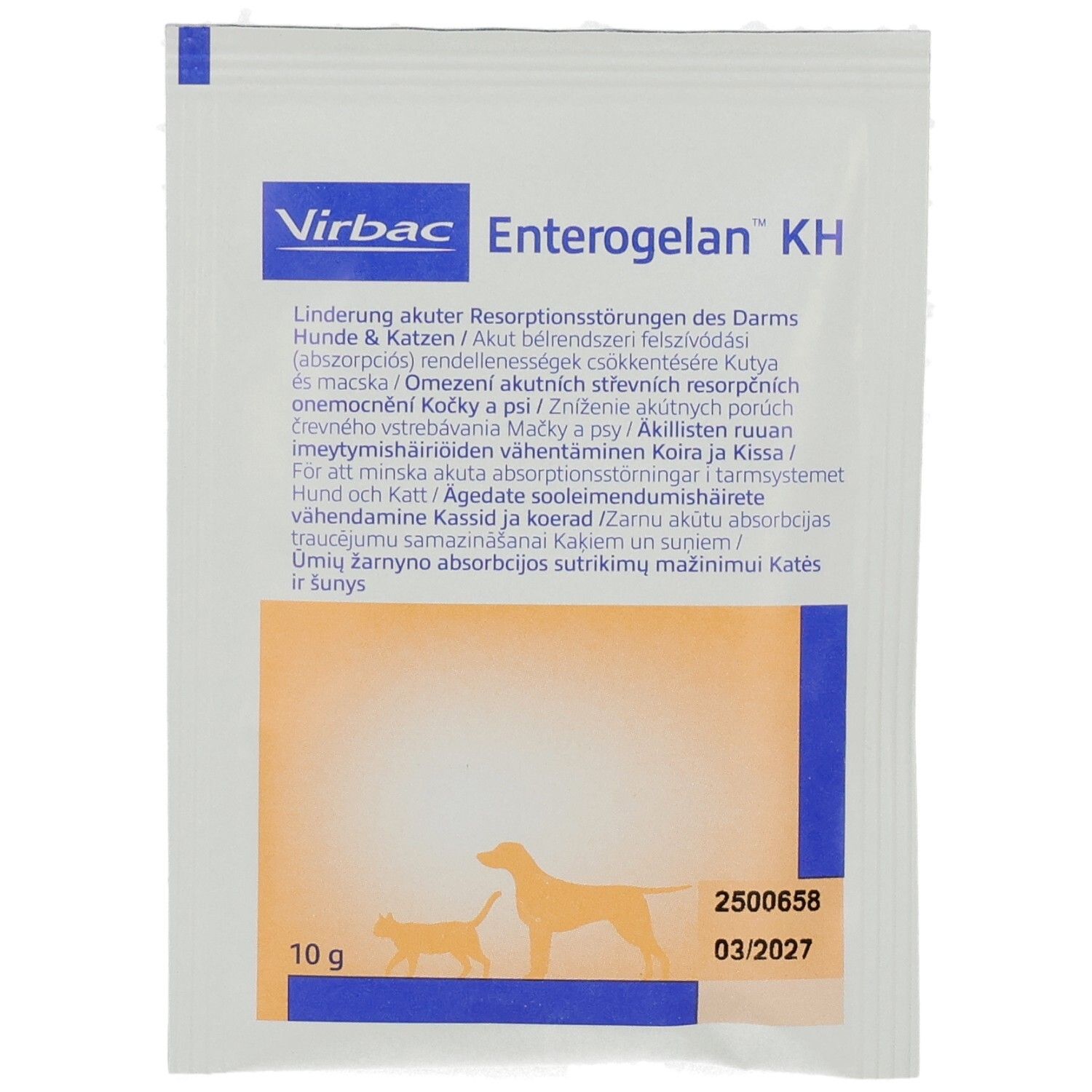 Sachet Enterogelan® KH blanc, bande bleue. Logo Virbac. Texte pour chats et chiens. Petite image de chien.