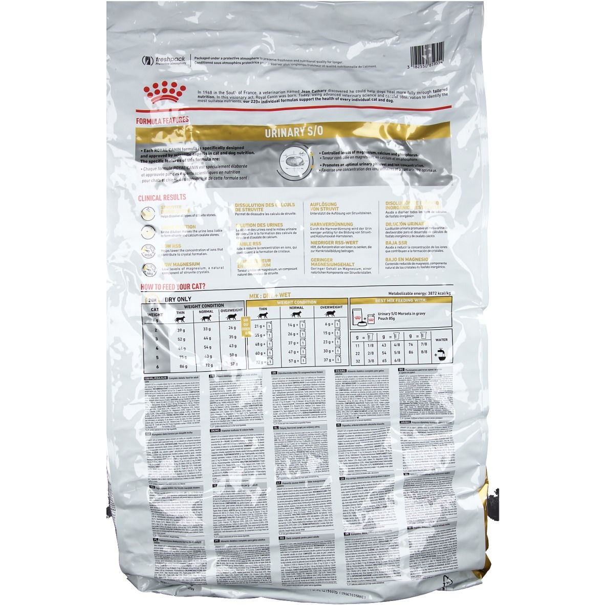 Dos du sac de nourriture pour chats ROYAL CANIN Veterinary Urinary S/O. Blanc, avec texte et graphiques. Bande dorée "URINARY S/O".