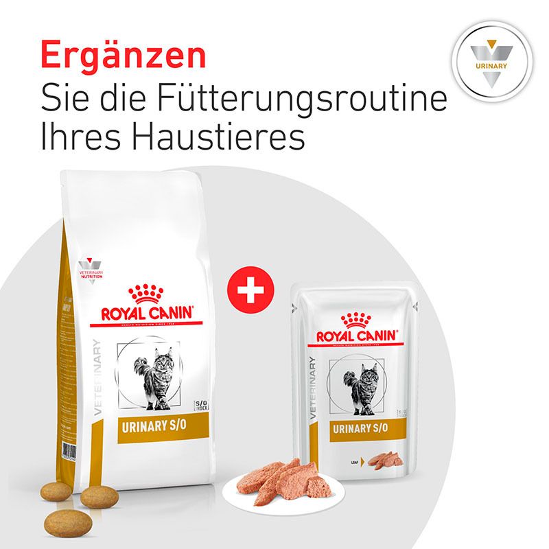 Royal Canin Veterinary Urinary S/O Katzennahrung und Feuchtnahrung mit Futterbrocken.