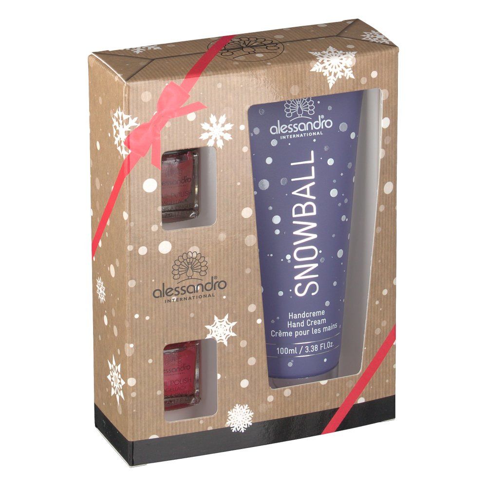 Coffret cadeau avec crème pour les mains et vernis à ongles. Tube de crème pour les mains "Snowball". Deux flacons de vernis à ongles. Emballage avec motif flocons.