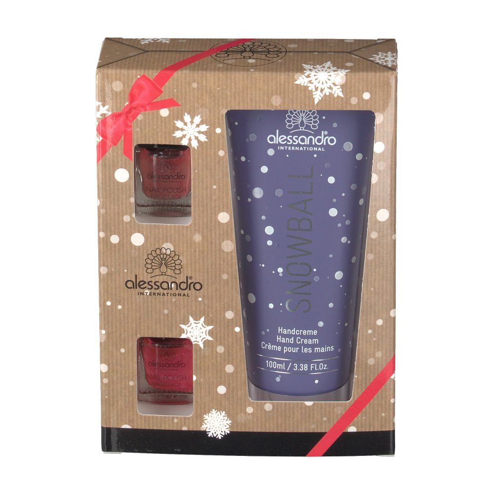 Coffret cadeau avec crème pour les mains et vernis à ongles. Tube de crème pour les mains "Snowball". Deux flacons de vernis à ongles. Emballage avec motif flocons.
