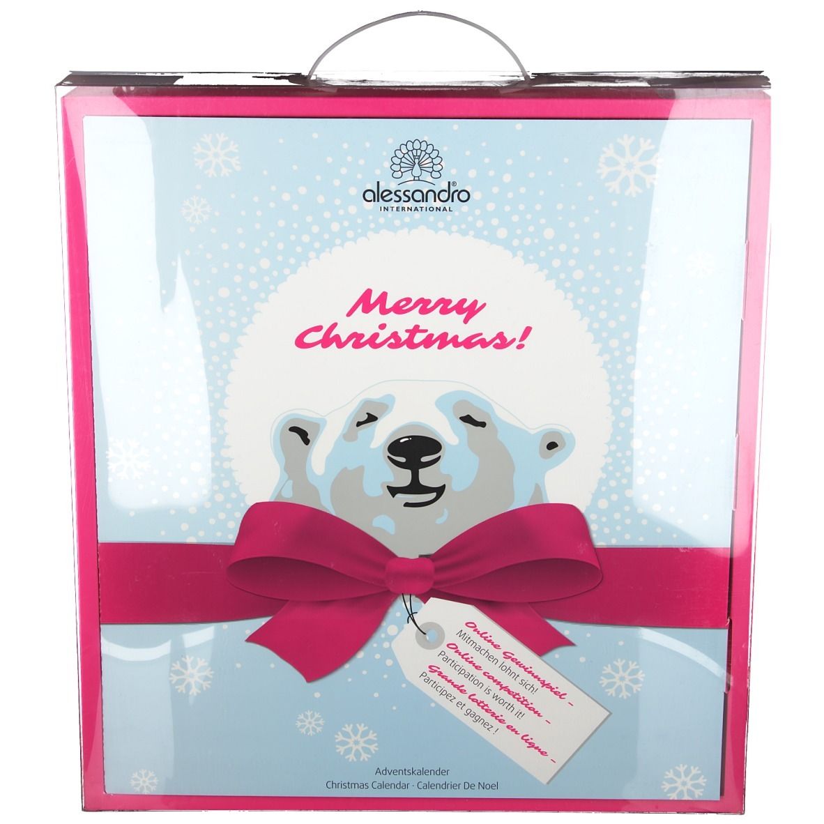 Calendrier de l'Avent avec motif ours polaire, nœud rose et poignée. Texte : Merry Christmas ! Marque : alessandro.