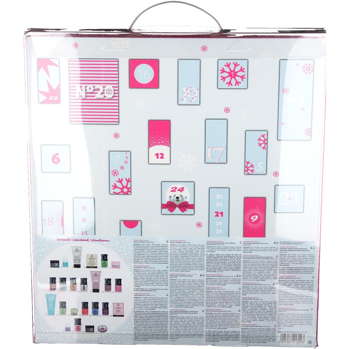 Dos du calendrier de l'Avent avec cases numérotées et illustrations de produits. Texte et marque : alessandro.