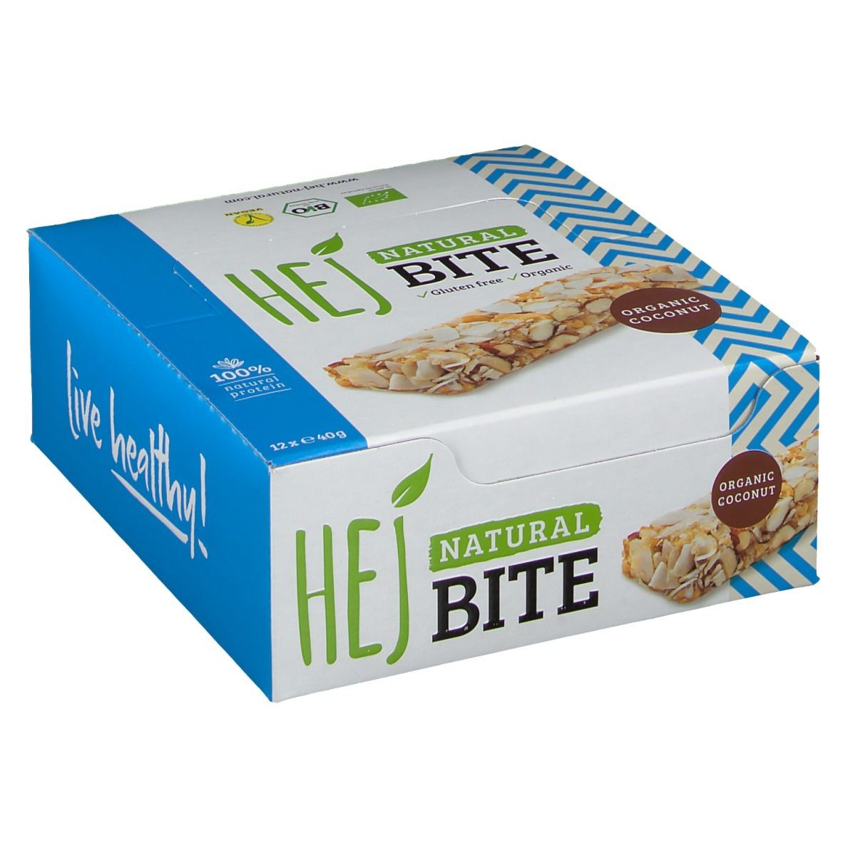 Verpackung von Hejbite Organic Coconut. Aufschrift: HEJ NATURAL BITE, Organic Coconut, glutenfrei. Blaue und weiße Zickzackmuster.