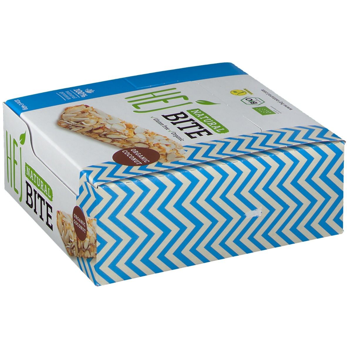 Schrägansicht der Hejbite Organic Coconut Verpackung. Blaue und weiße Zickzackmuster auf der Unterseite. Aufschrift: HEJ NATURAL BITE.
