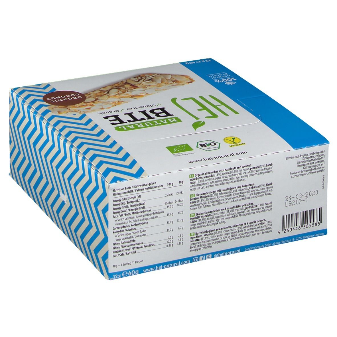 Rückseite der Hejbite Organic Coconut Verpackung. Nährwertangaben, Zutatenliste, Bio-Siegel. Haltbarkeitsdatum: 24-09-2020.