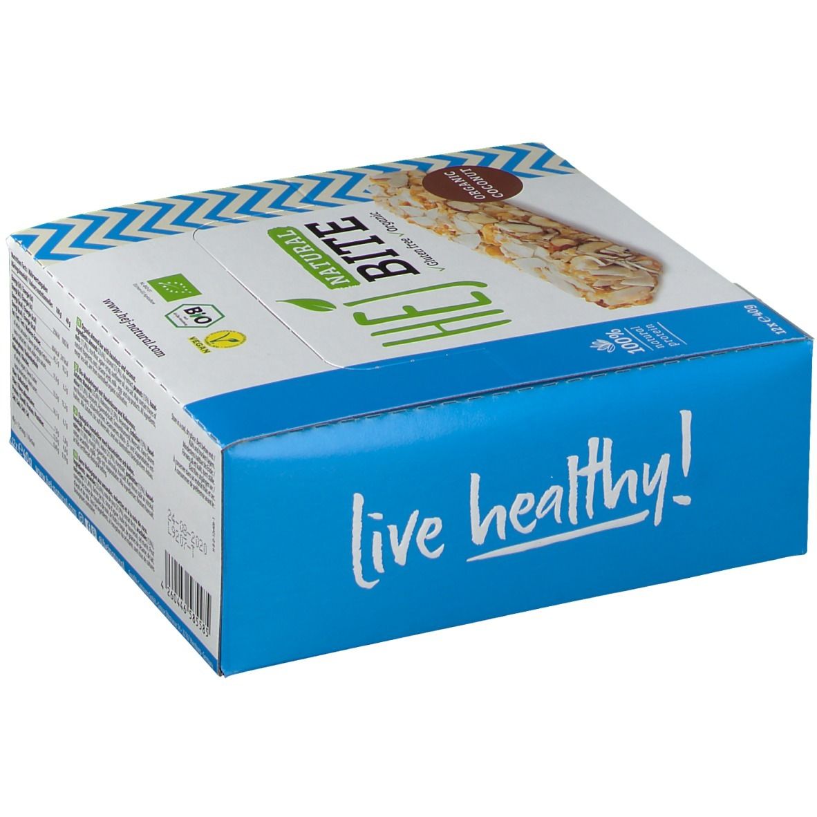 Hejbite Organic Coconut Verpackung. Aufschrift: HEJ NATURAL BITE, Organic Coconut. Bio-Siegel. Text: live healthy! Blaue und weiße Elemente.