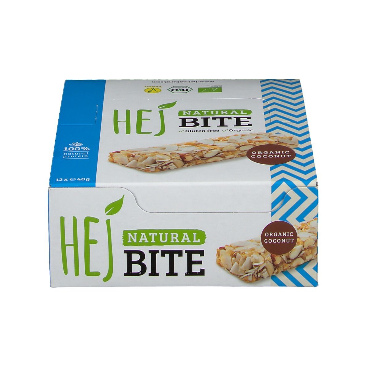 Hejbite Organic Coconut Verpackung. Aufschrift: HEJ NATURAL BITE, Organic Coconut, glutenfrei. 12 Riegel à 40g. Bio-Siegel. Blaue und weiße Elemente.