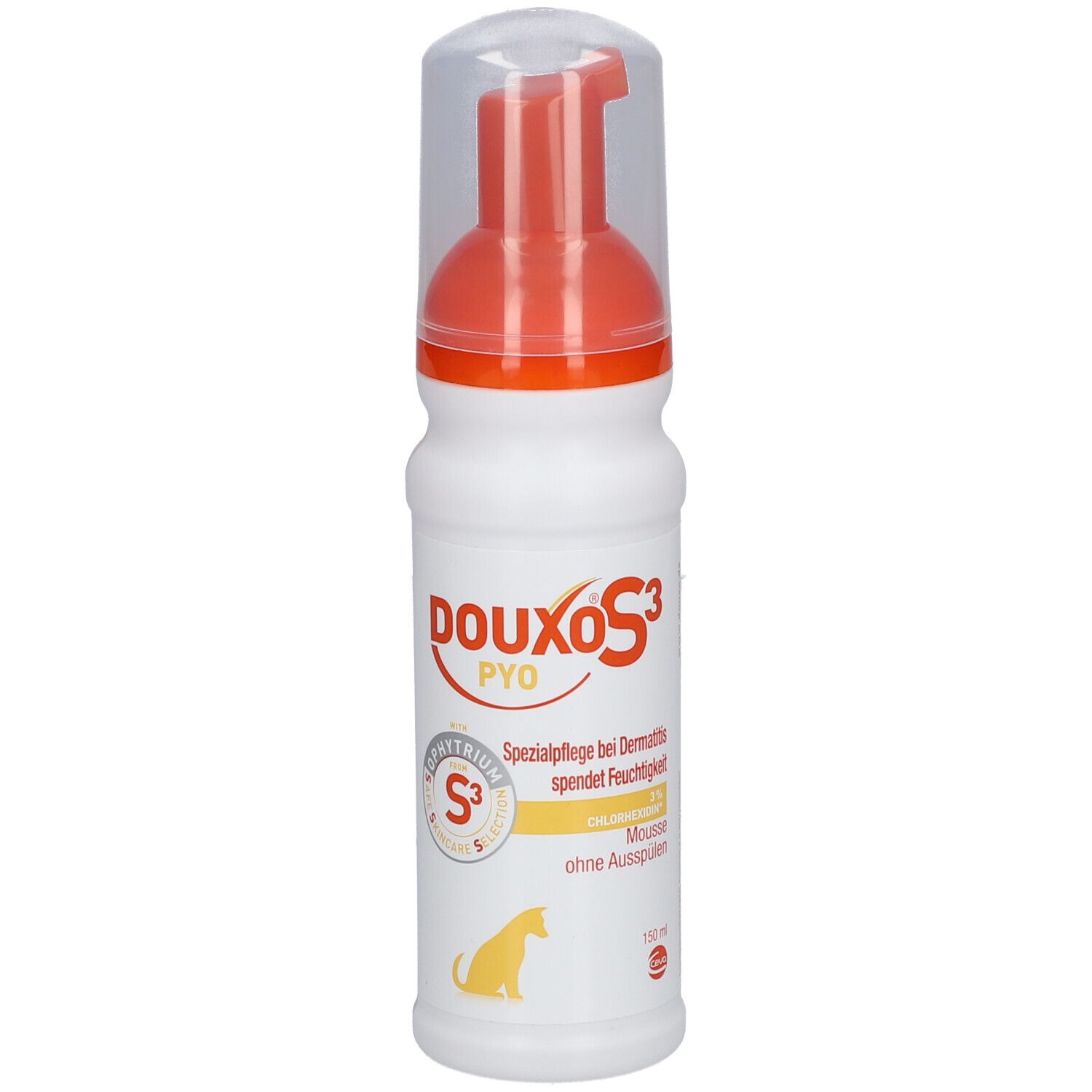 Weiße Flasche mit orangefarbenem Sprühkopf. Aufschrift DOUXO S3 PYO. Enthält Mousse. Logo mit Hund.
