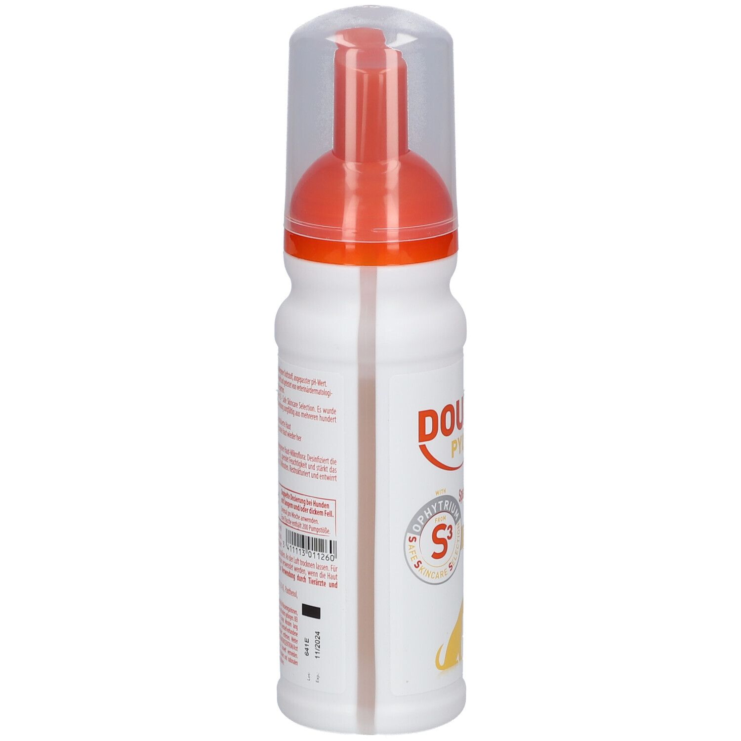 Weiße Flasche mit orangefarbenem Sprühkopf. Rückseite mit Text und Barcode. DOUXO S3 PYO.