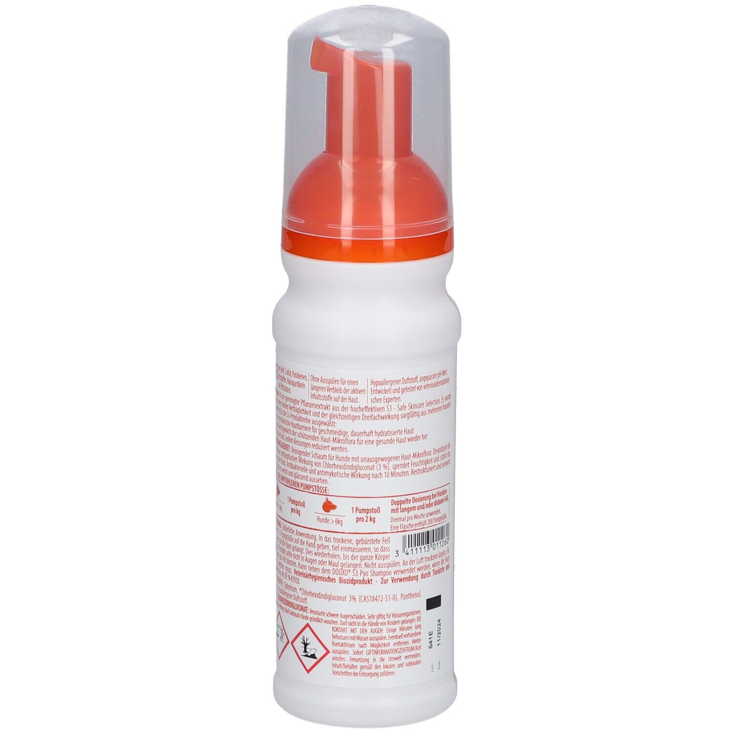 Weiße Flasche mit orangefarbenem Sprühkopf. Rückseite mit Text und Symbolen. DOUXO S3 PYO.