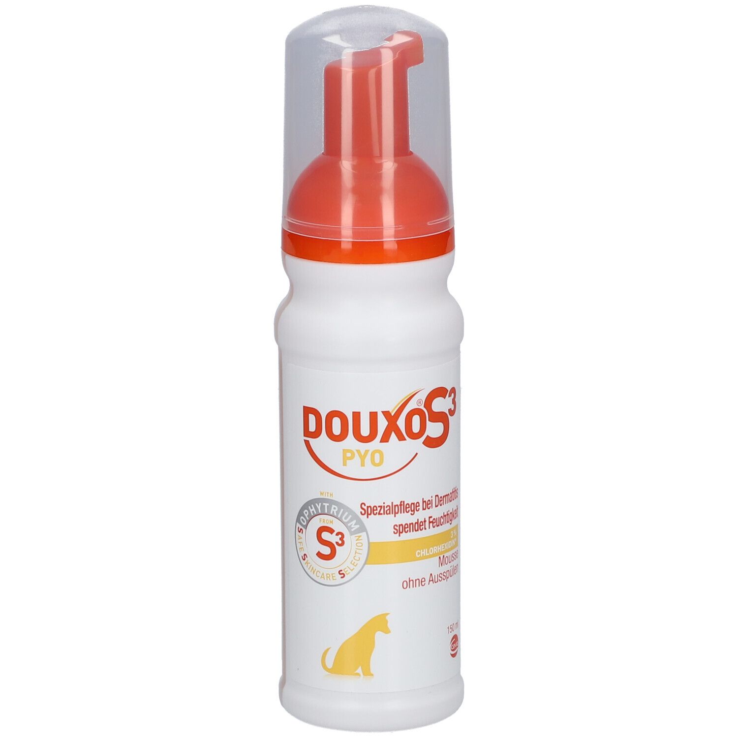 Weiße Flasche mit orangefarbenem Sprühkopf. Aufschrift DOUXO S3 PYO. Enthält Mousse. Logo mit Hund.