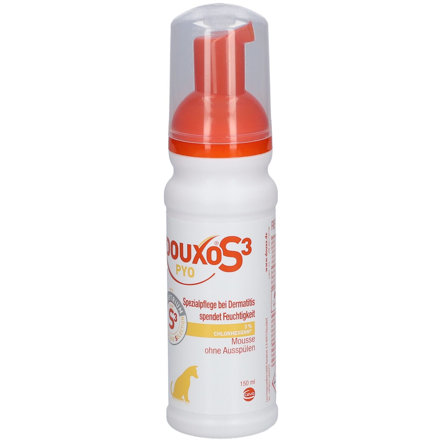 Weiße Flasche mit orangefarbenem Sprühkopf. Aufschrift DOUXO S3 PYO. Enthält Mousse. 150 ml.