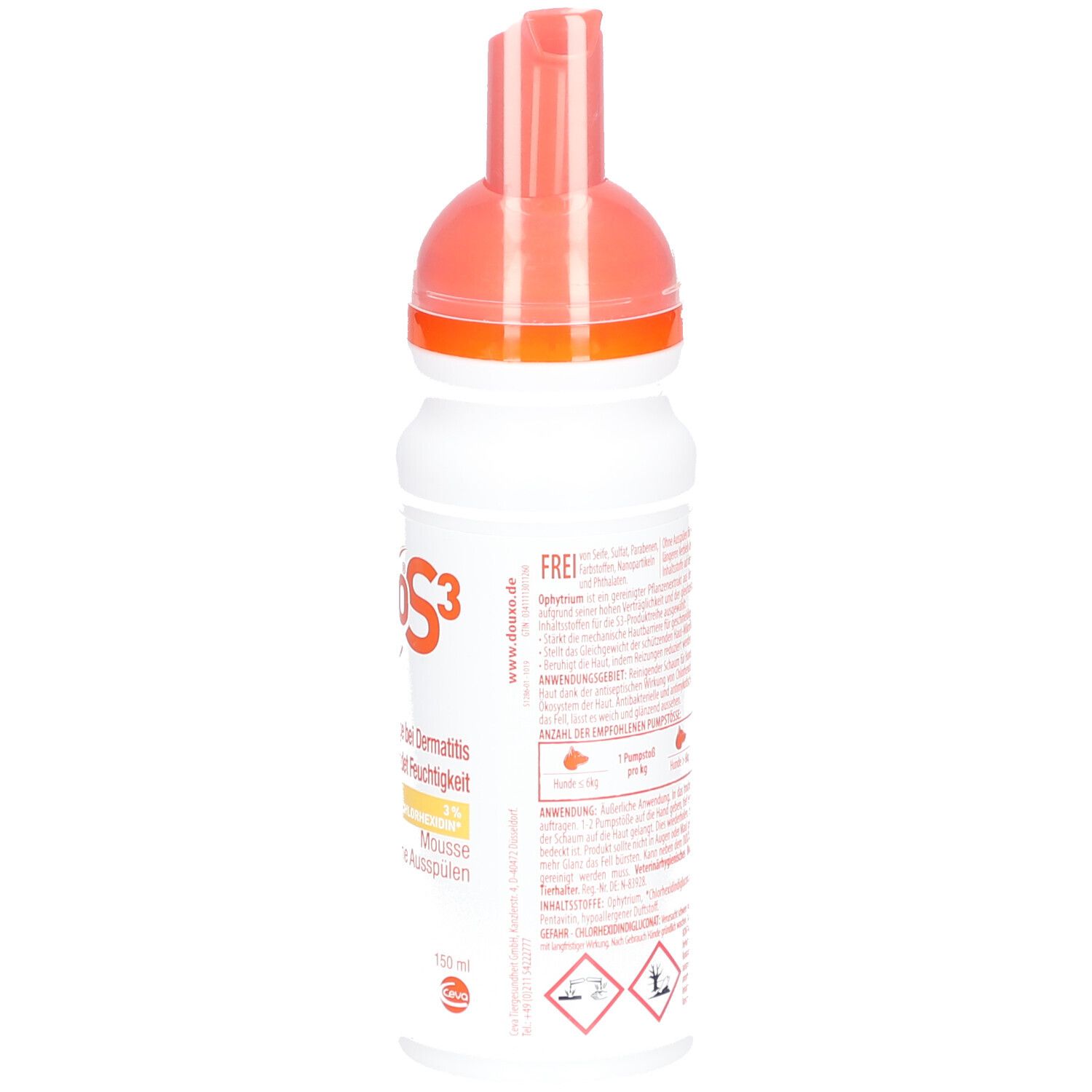 Weiße Flasche mit orangefarbenem Sprühkopf. Rückseite mit Text und Symbolen. DOUXO S3.