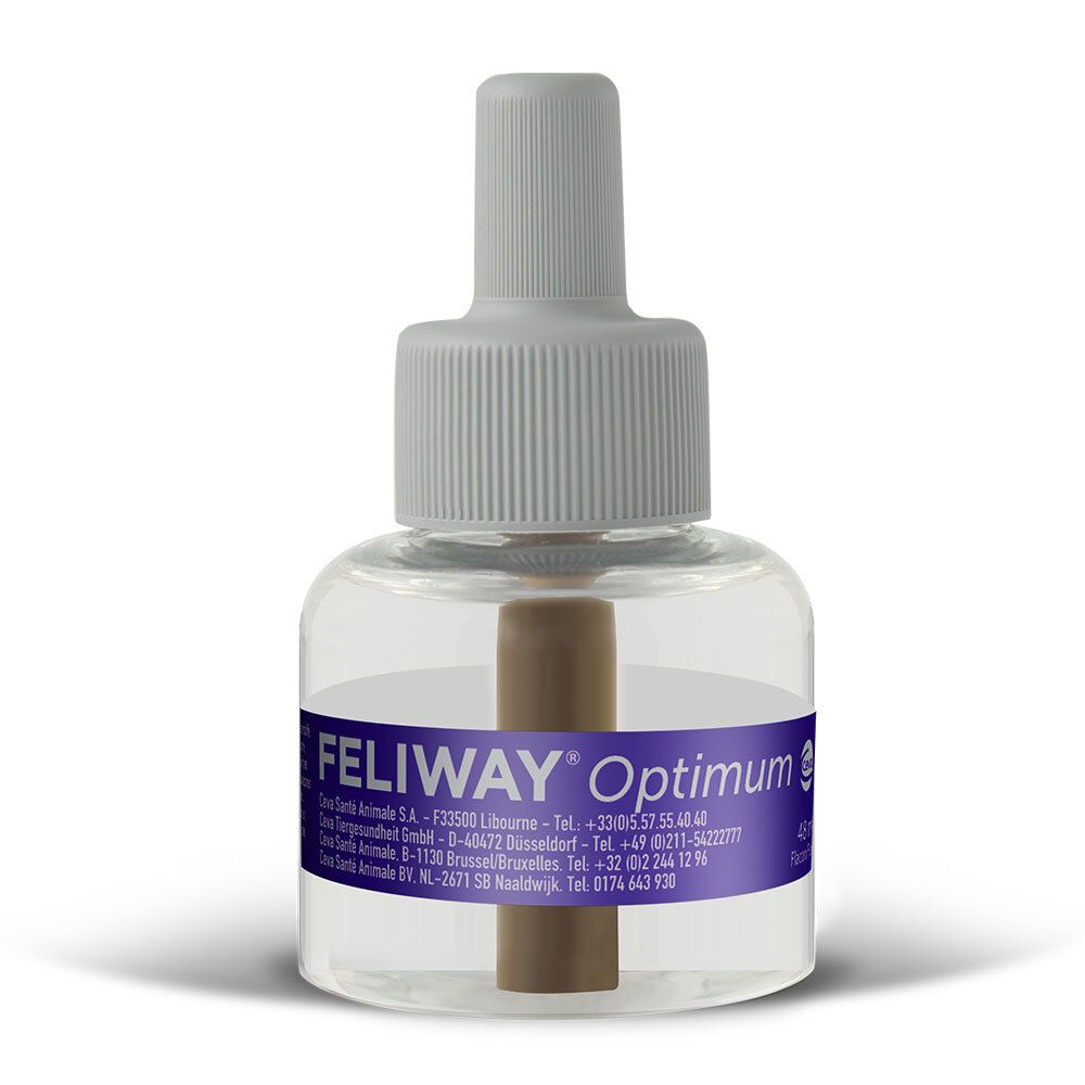 Recharge FELIWAY® Optimum. Flacon transparent avec mèche marron et bouchon gris. Étiquette du produit.