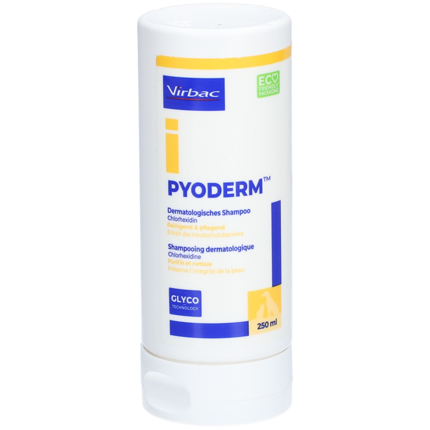 Weiße Flasche mit gelben und blauen Akzenten. Aufschrift: PYODERM, dermatologisches Shampoo. Virbac-Logo. 250 ml.