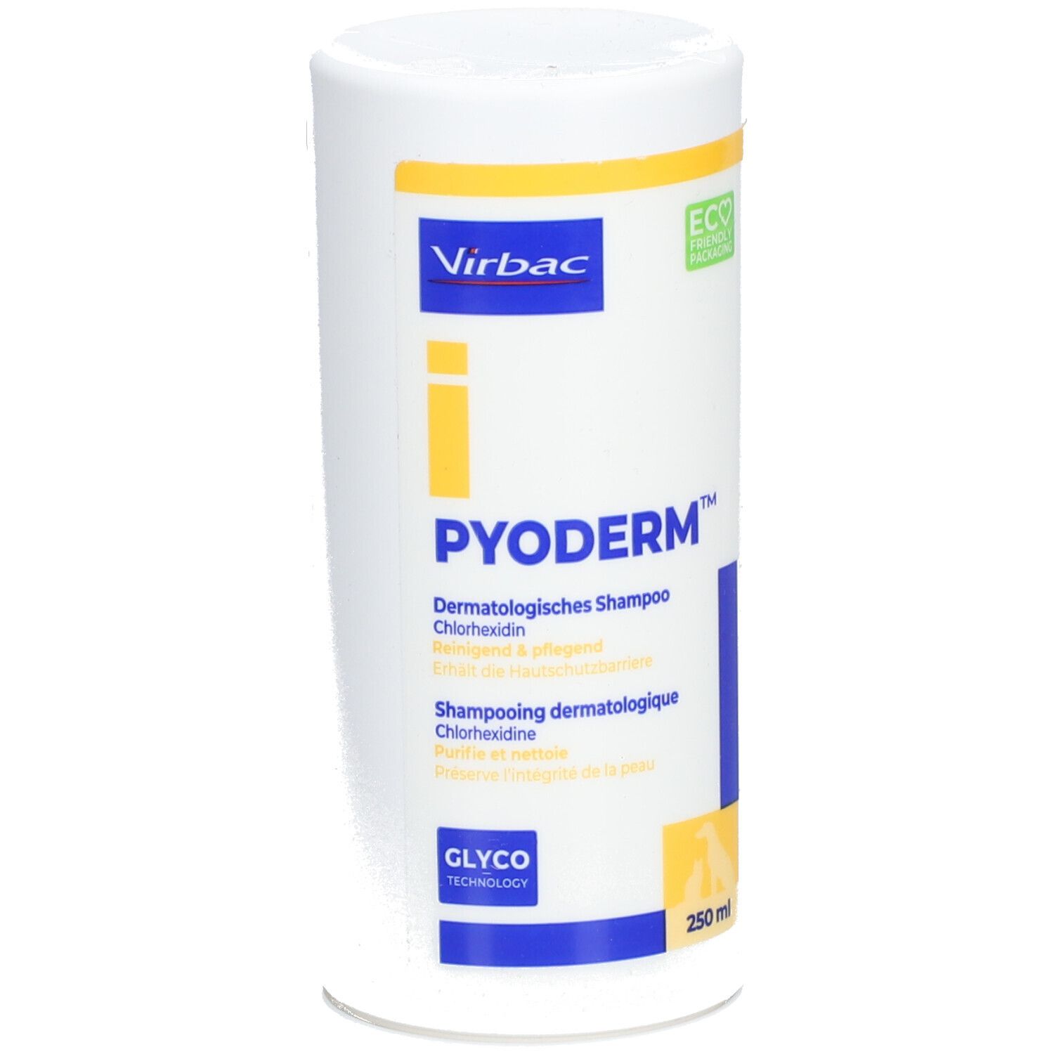 Weiße Flasche mit gelben und blauen Akzenten. Aufschrift: PYODERM, dermatologisches Shampoo. Virbac-Logo. 250 ml.