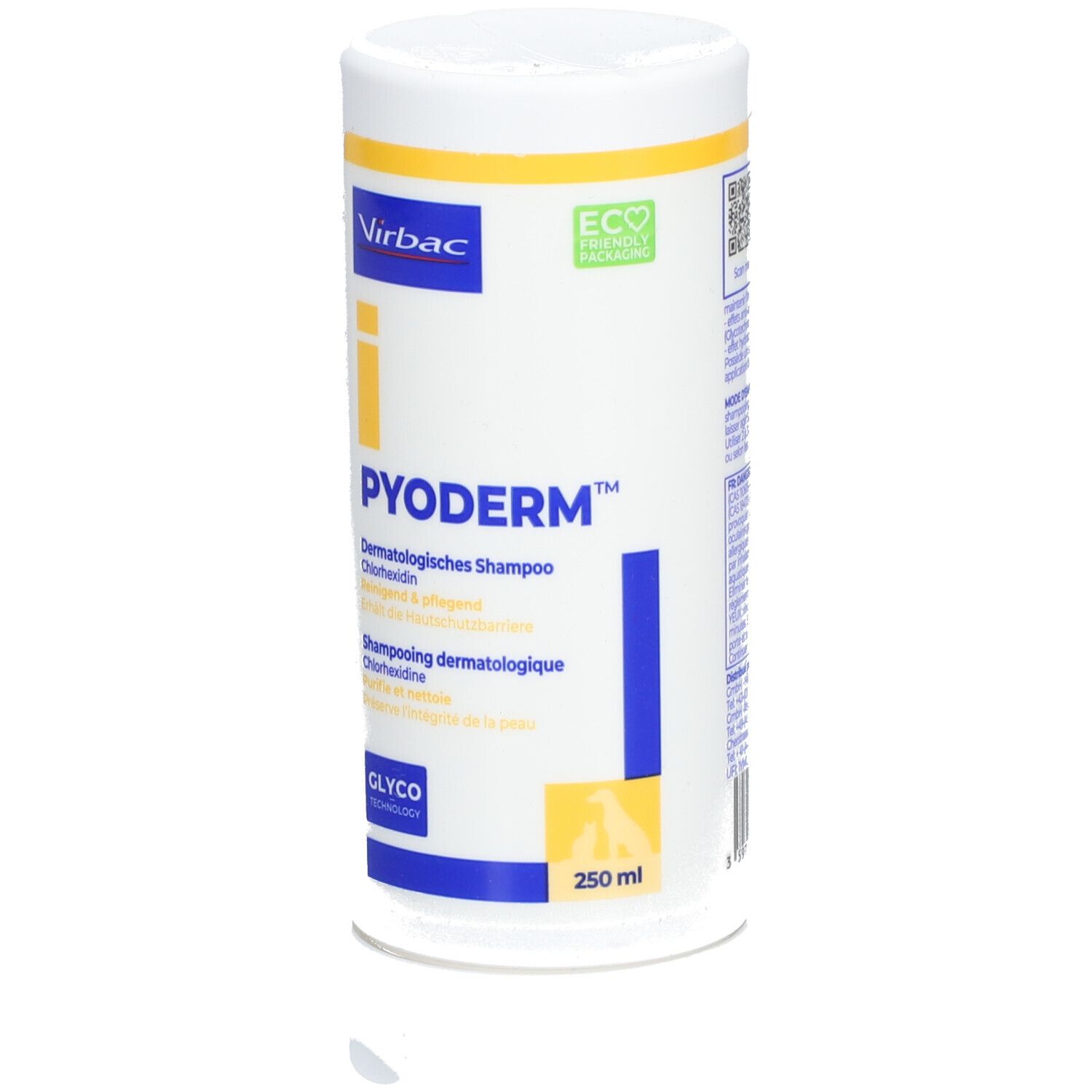 Weiße Flasche mit gelben und blauen Akzenten. Aufschrift: PYODERM, dermatologisches Shampoo. Virbac-Logo. 250 ml.