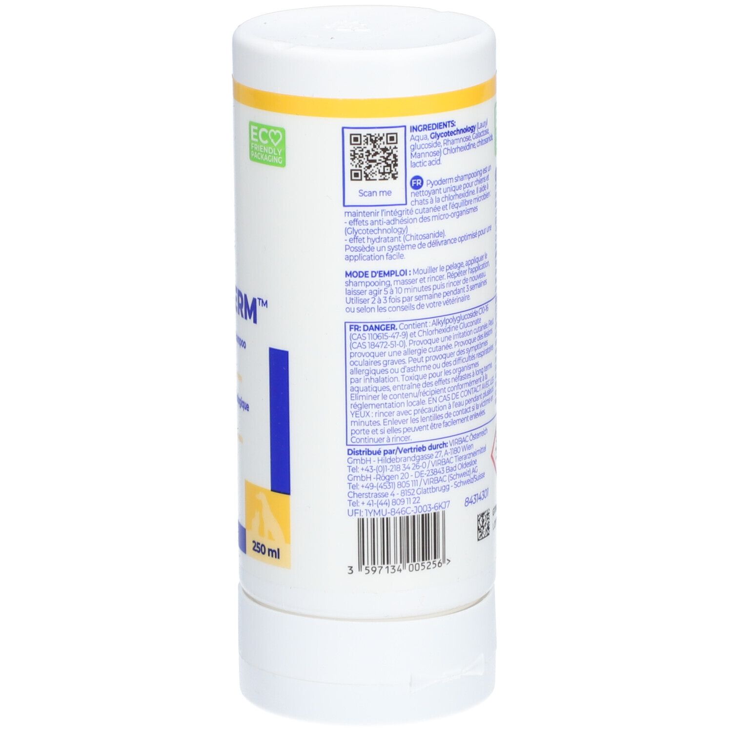 Weiße Flasche, Rückseite. Text in mehreren Sprachen. QR-Code. Umweltzeichen. Gefahrensymbole. Barcode.