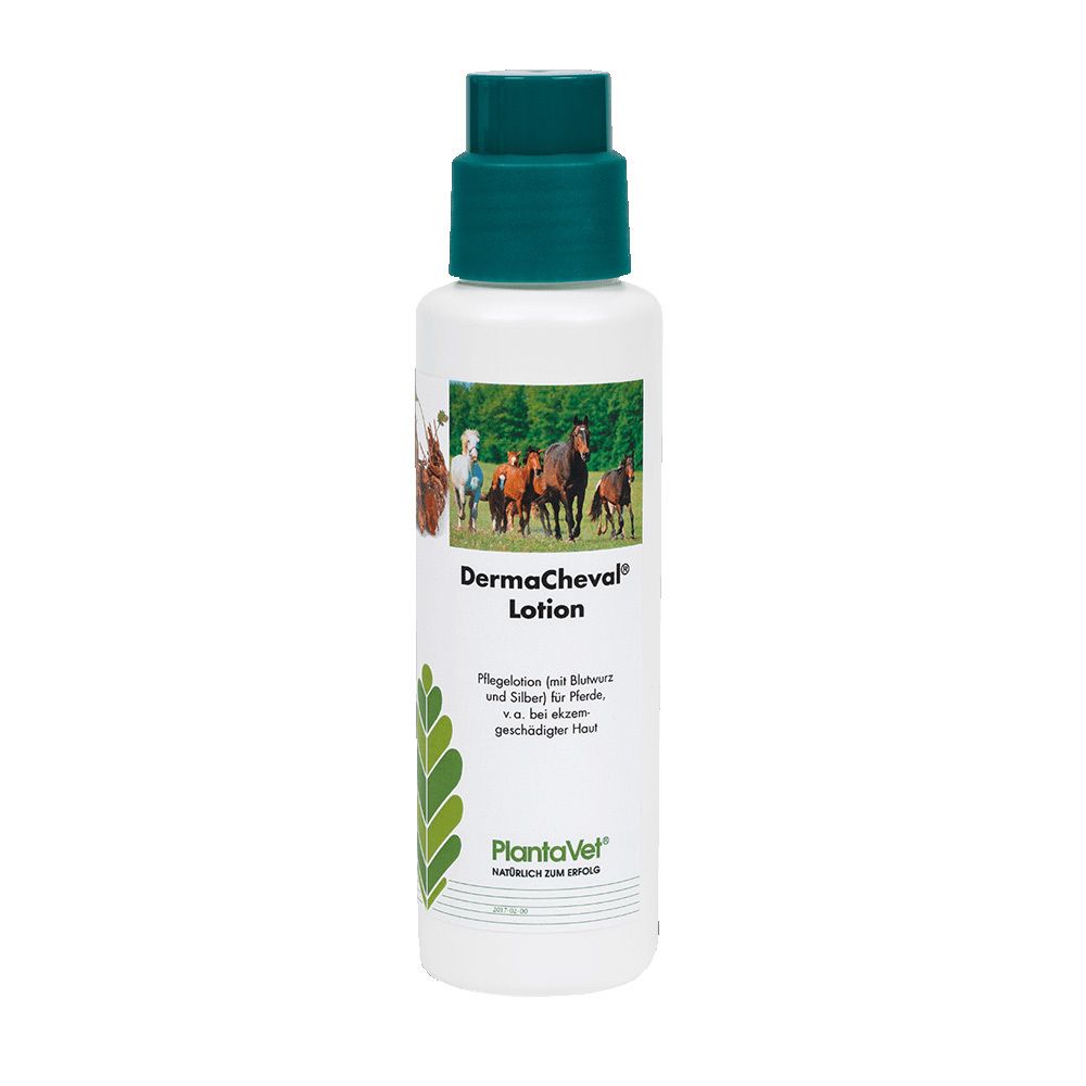Weiße Flasche mit grünem Deckel. Aufschrift: DermaCheval Lotion. Abbildung von Pferden. Marke: PlantaVet.