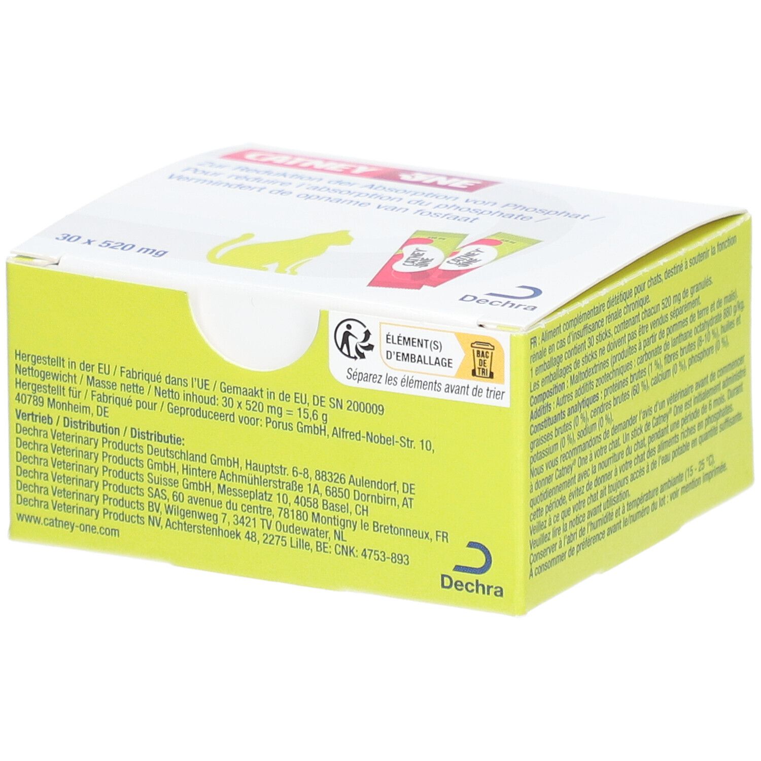 Boîte jaune avec logo "Catney One" et texte. Contient 30 sachets. Logo Dechra.