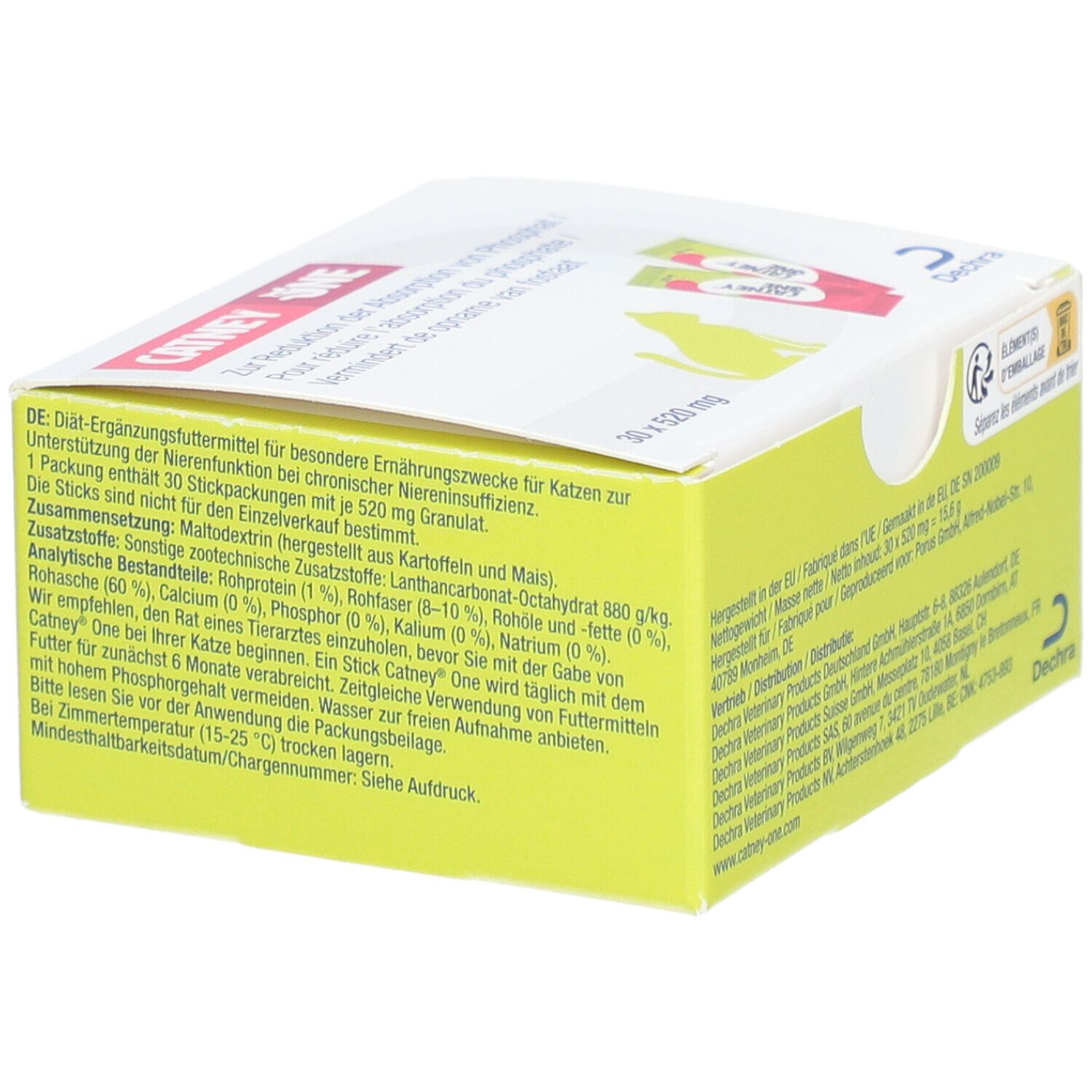 Boîte jaune avec texte et logo "Catney One". Contient 30 sachets. Ingrédients et instructions.