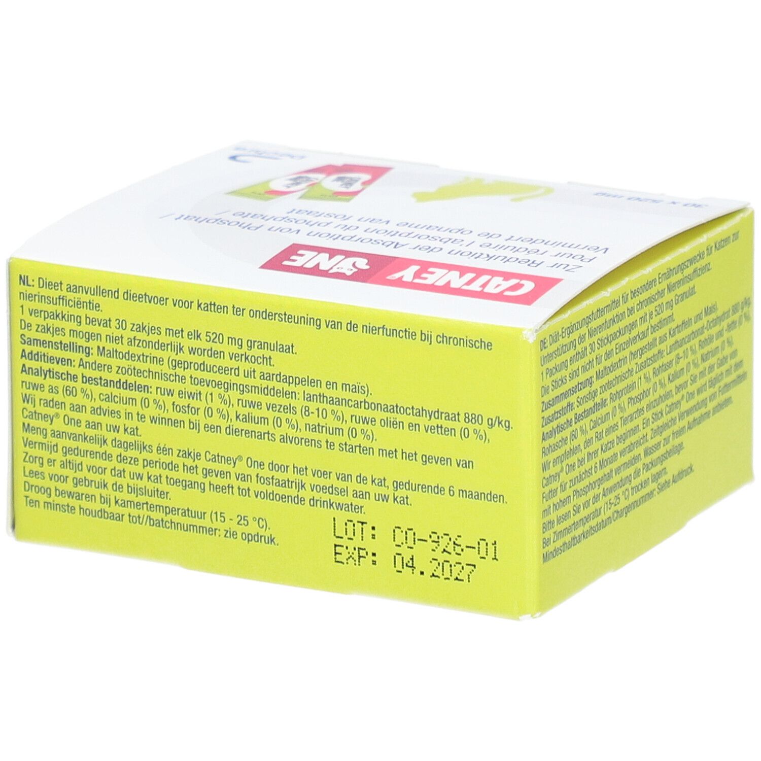 Boîte jaune avec texte et logo "Catney One". Contient 30 sachets. Date de péremption et numéro de lot.