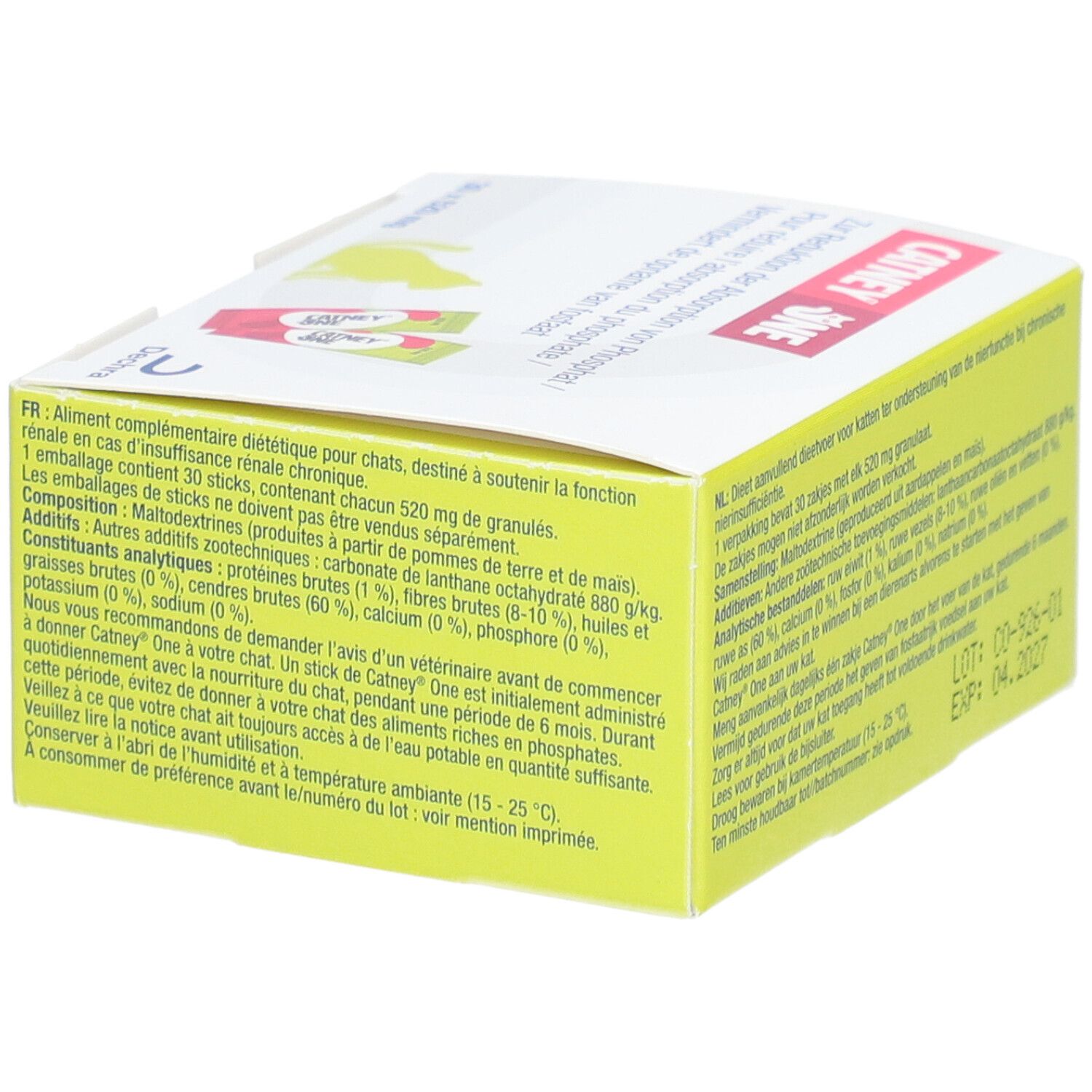 Boîte jaune avec texte et logo "Catney One". Contient 30 sachets. Ingrédients et instructions.